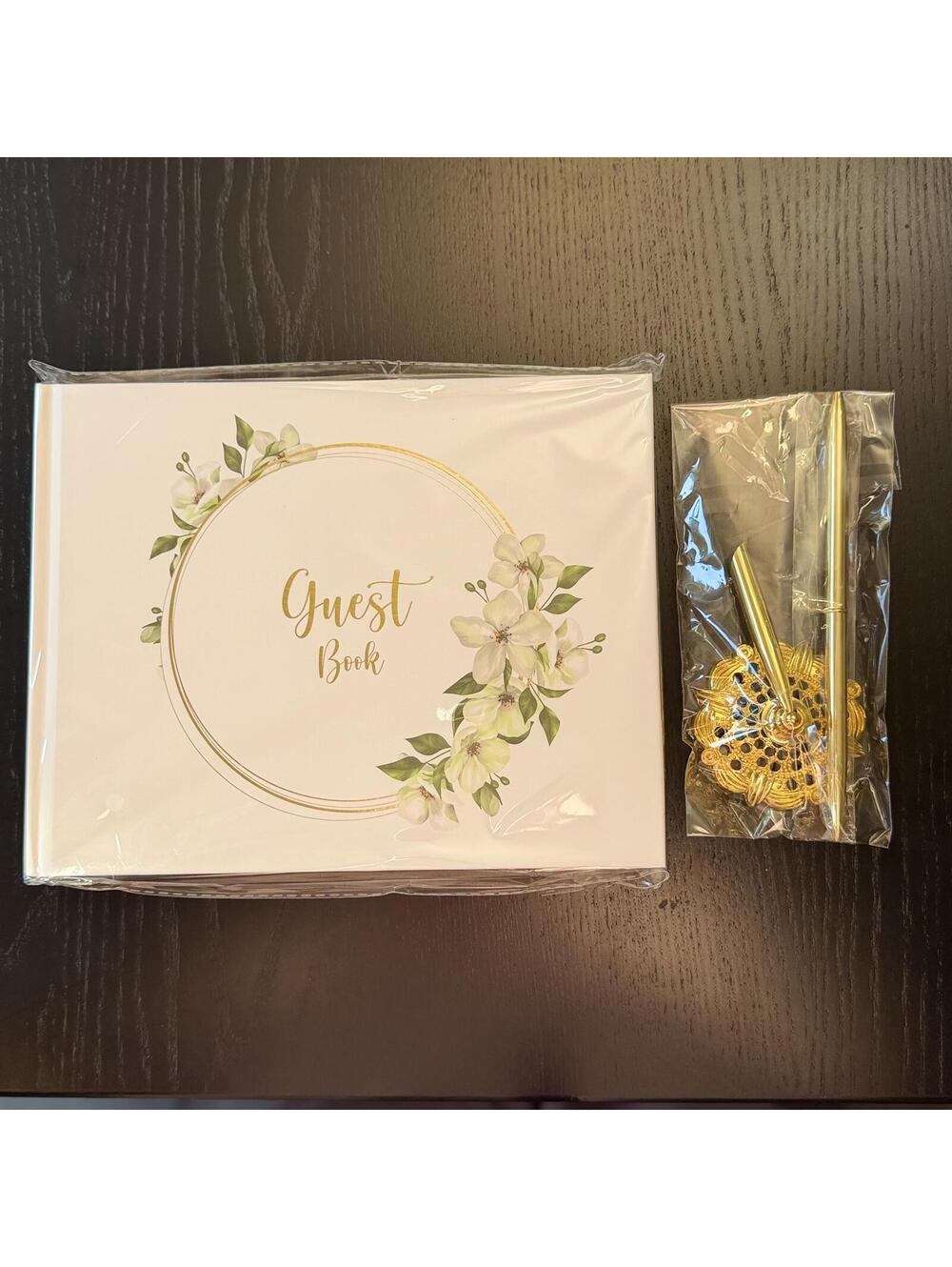 Elegant White Guest Book with Gold Pen Set